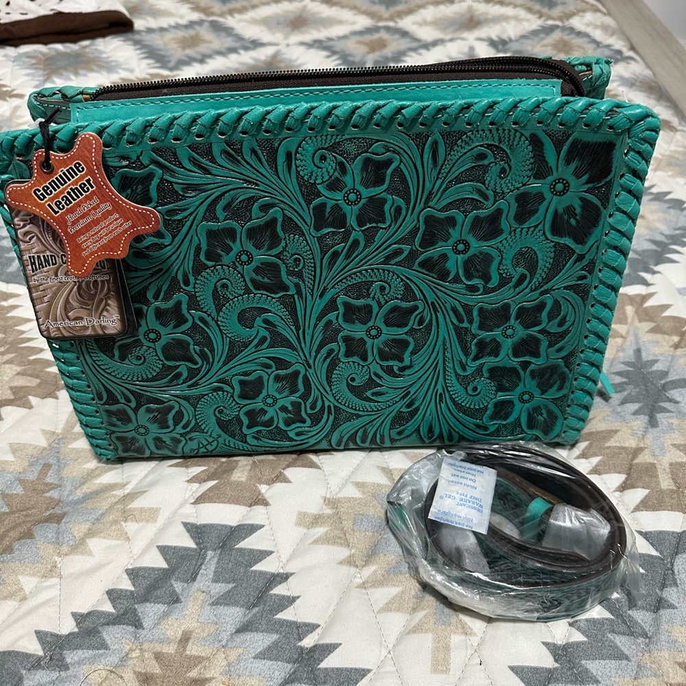 Teal Floral Embossed Leather Pouch